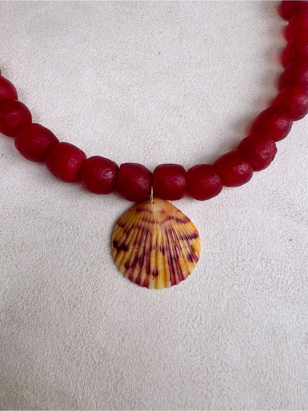 Garnet and Gold Beaded Necklace with Shell Pendant